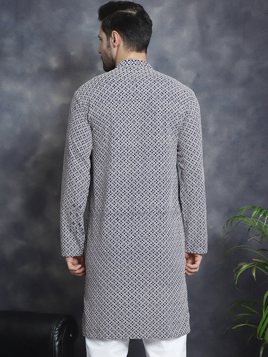 Jompers Men's Sequin Embroidered Pure Cotton Kurta - Navy Blue | Grocsy