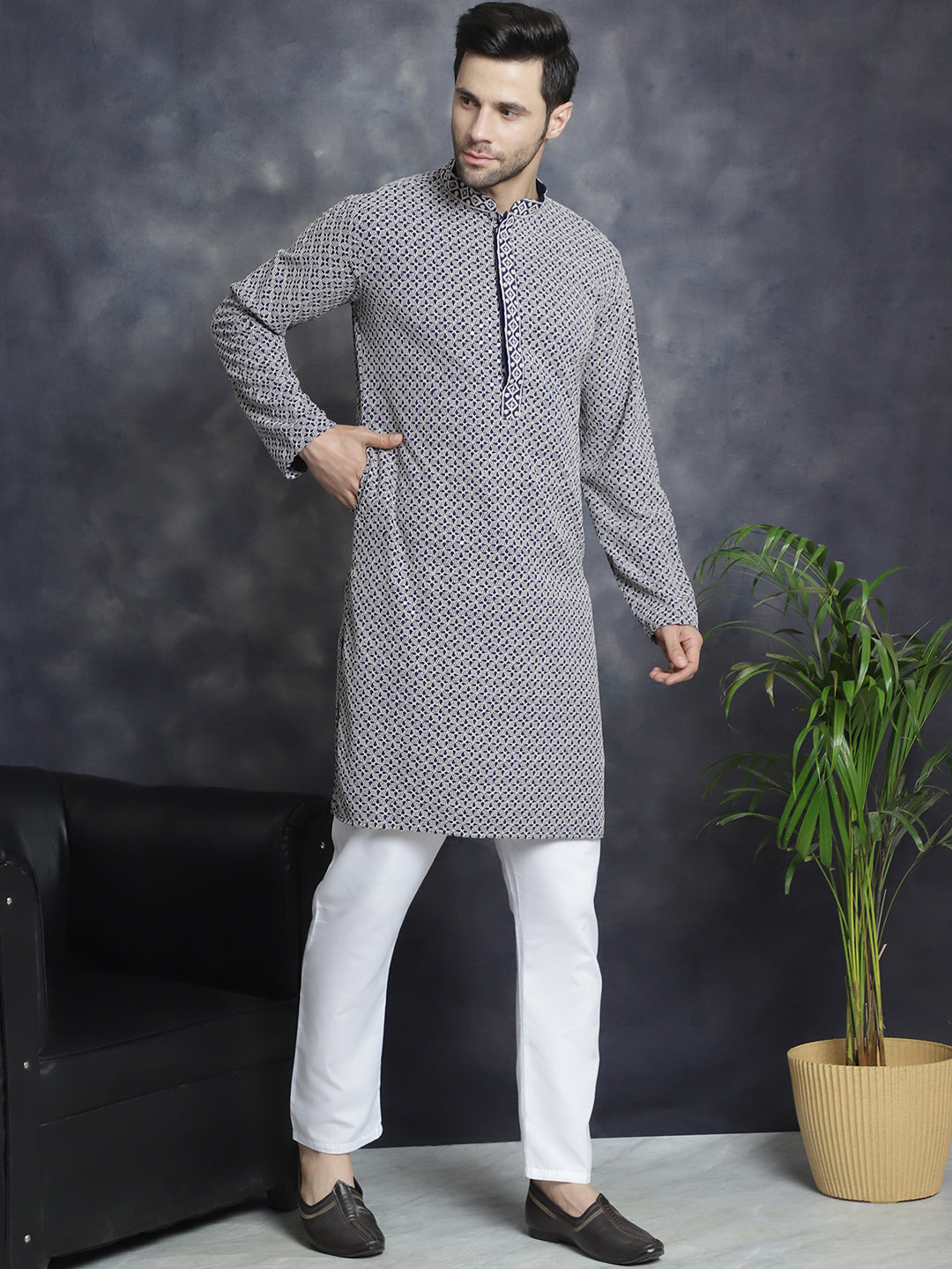 Jompers Men's Sequin Embroidered Pure Cotton Kurta - Navy Blue | Grocsy