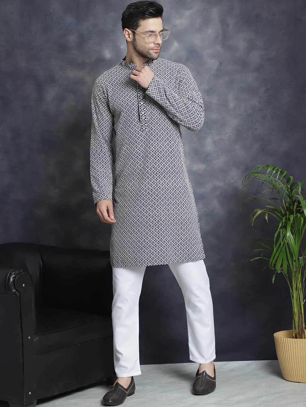 Jompers Men's Sequin Embroidered Pure Cotton Kurta - Navy Blue | Grocsy