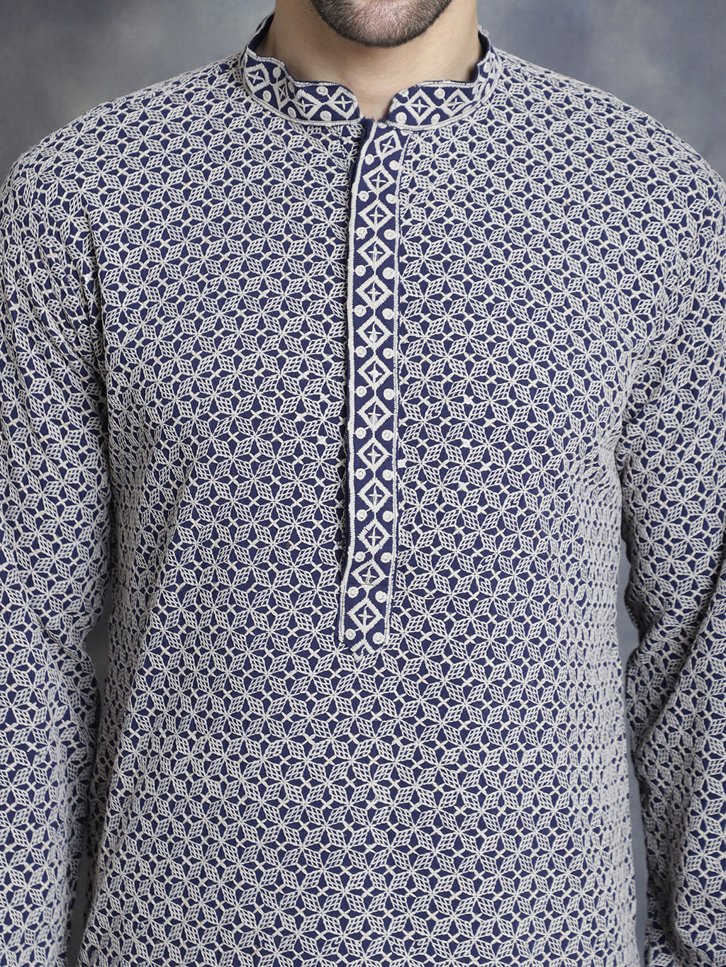 Jompers Men's Sequin Embroidered Pure Cotton Kurta - Navy Blue | Grocsy