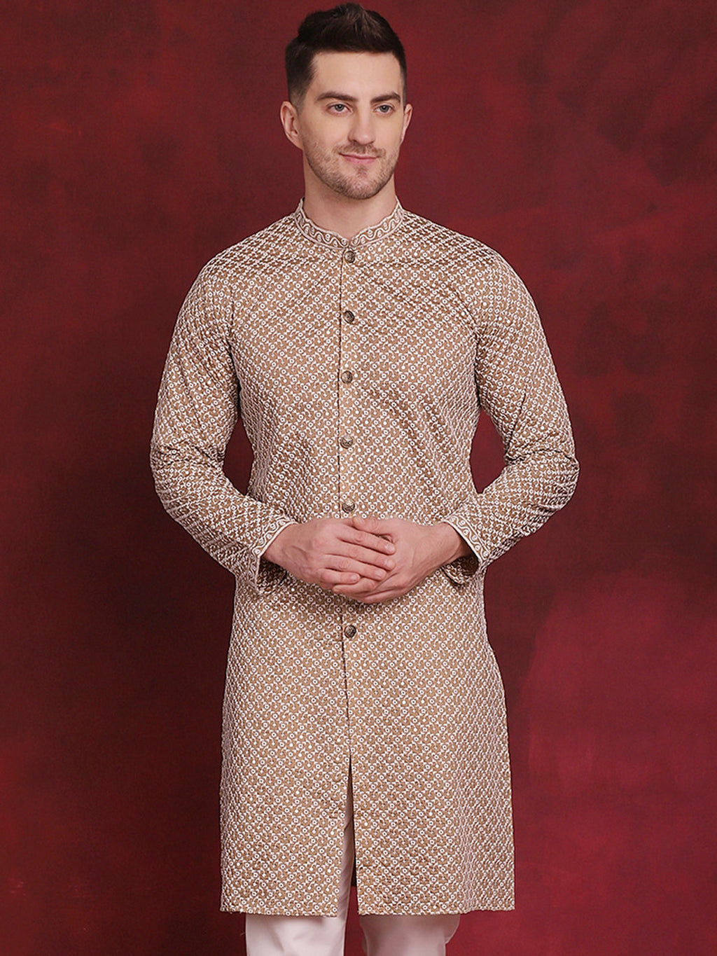 Jompers Men's Sequin Chikankari Front Open Kurta - Beige | Grocsy
