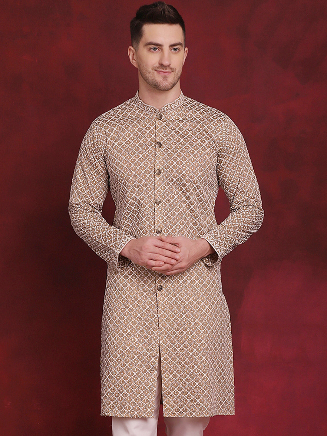 Jompers Men's Sequin Chikankari Front Open Kurta - Beige | Grocsy