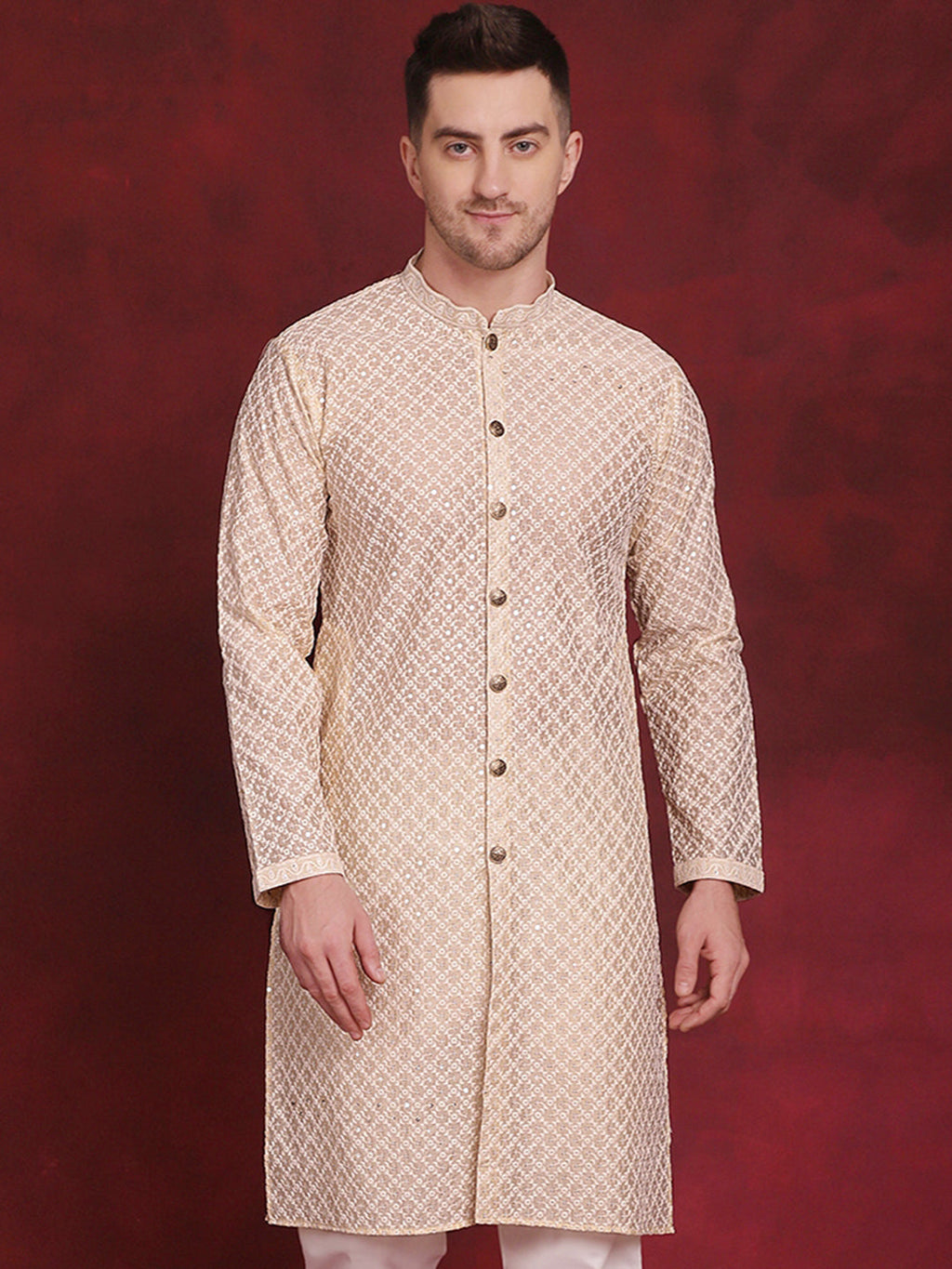 Jompers Men's Sequin Chikankari Front Open Kurta - Golden | Grocsy