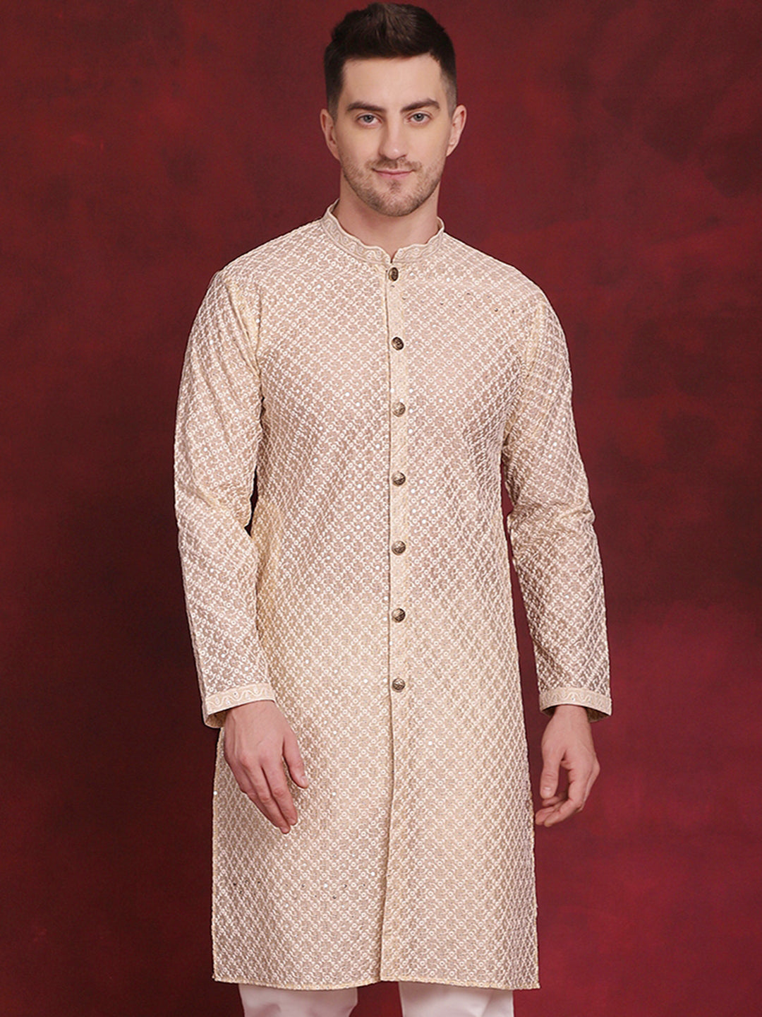 Jompers Men's Sequin Chikankari Front Open Kurta - Golden | Grocsy