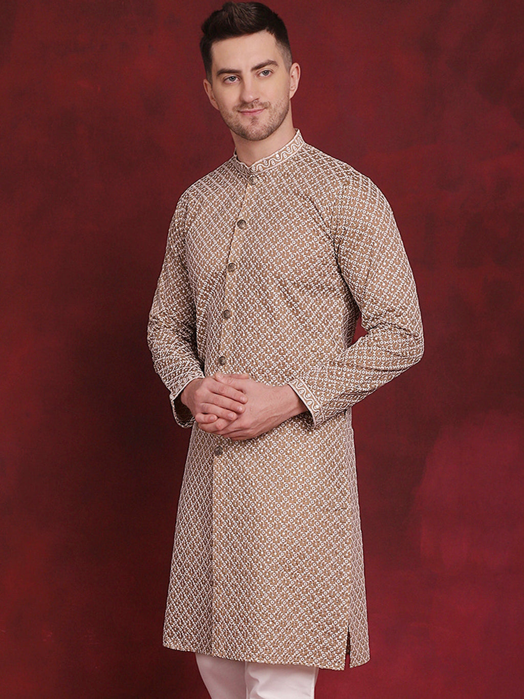 Jompers Men's Sequin Chikankari Front Open Kurta - Beige | Grocsy