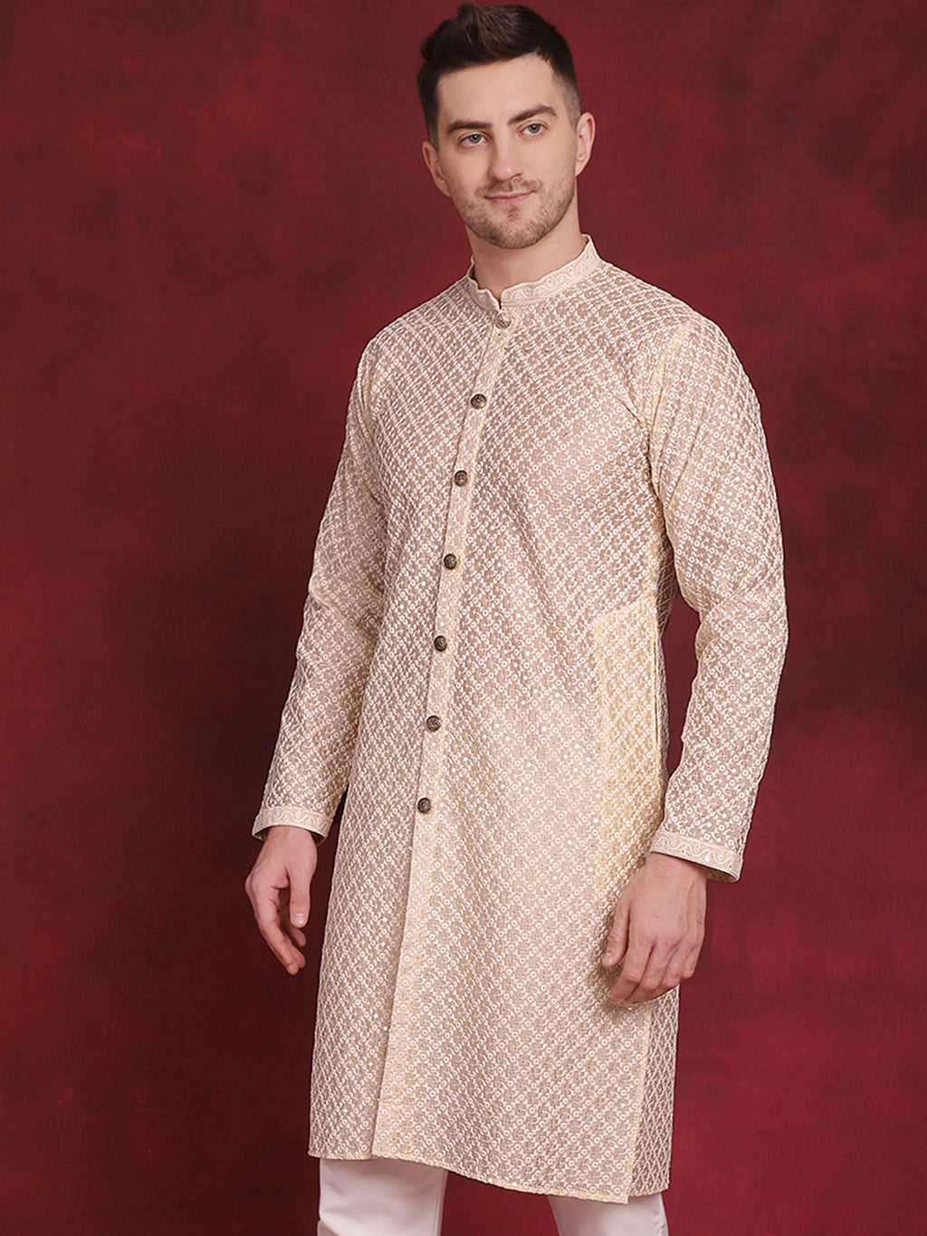Jompers Men's Sequin Chikankari Front Open Kurta - Golden | Grocsy