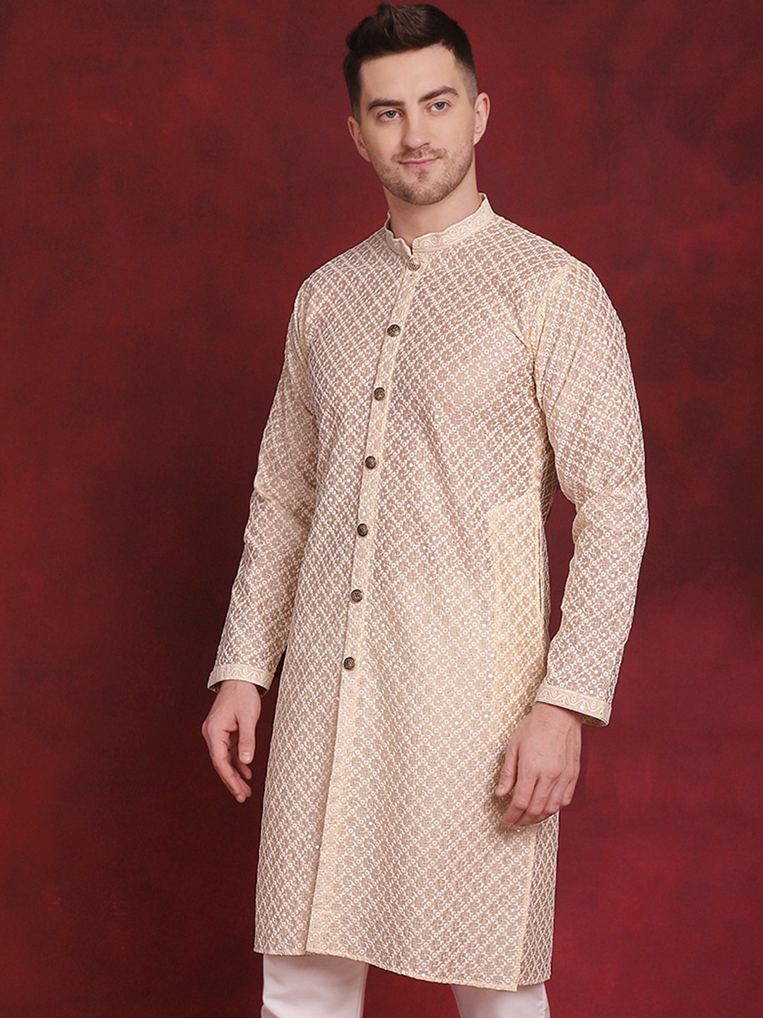 Jompers Men's Sequin Chikankari Front Open Kurta - Golden | Grocsy