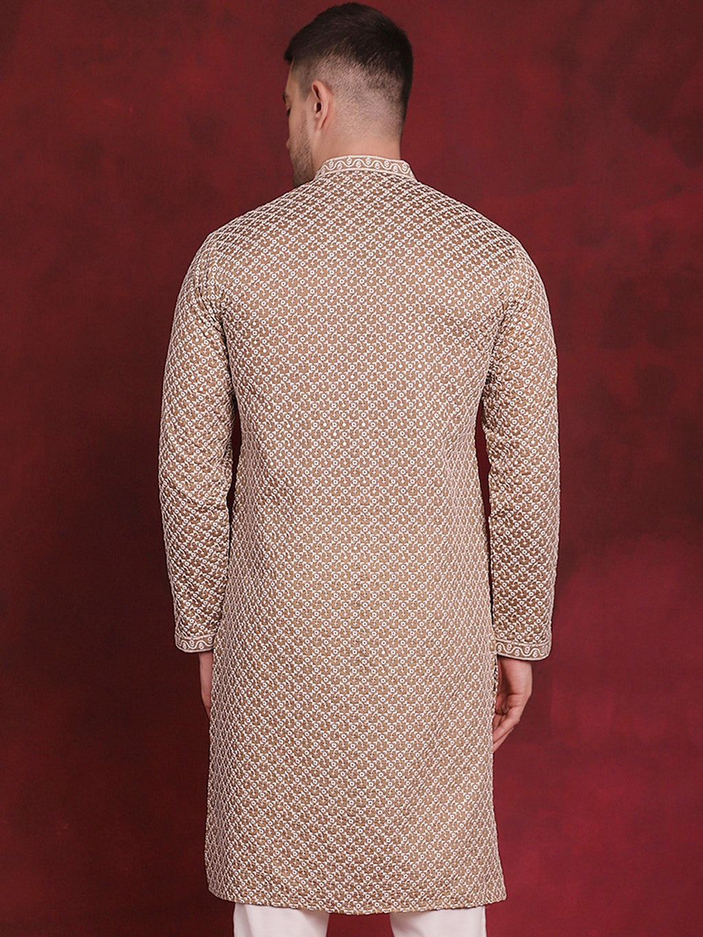 Jompers Men's Sequin Chikankari Front Open Kurta - Beige | Grocsy