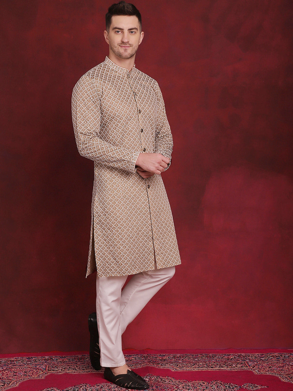 Jompers Men's Sequin Chikankari Front Open Kurta - Beige | Grocsy