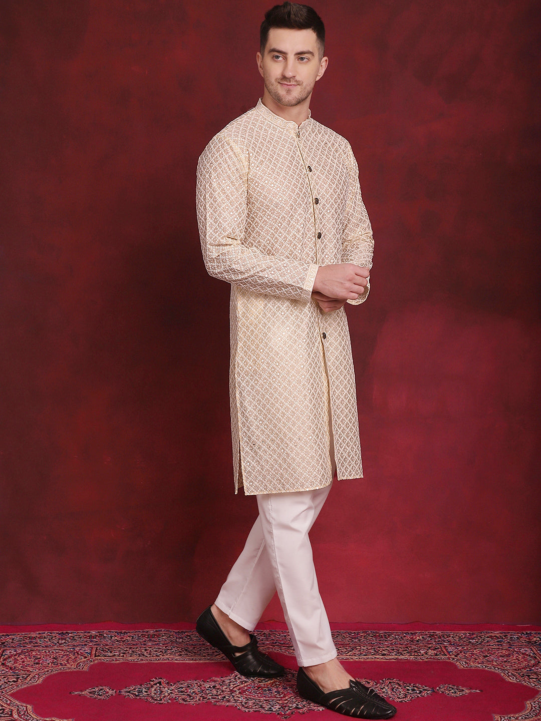 Jompers Men's Sequin Chikankari Front Open Kurta - Golden | Grocsy