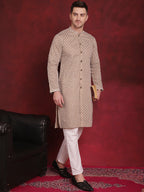 Jompers Men's Sequin Chikankari Front Open Kurta - Beige | Grocsy