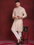 Jompers Men's Sequin Chikankari Front Open Kurta - Golden | Grocsy