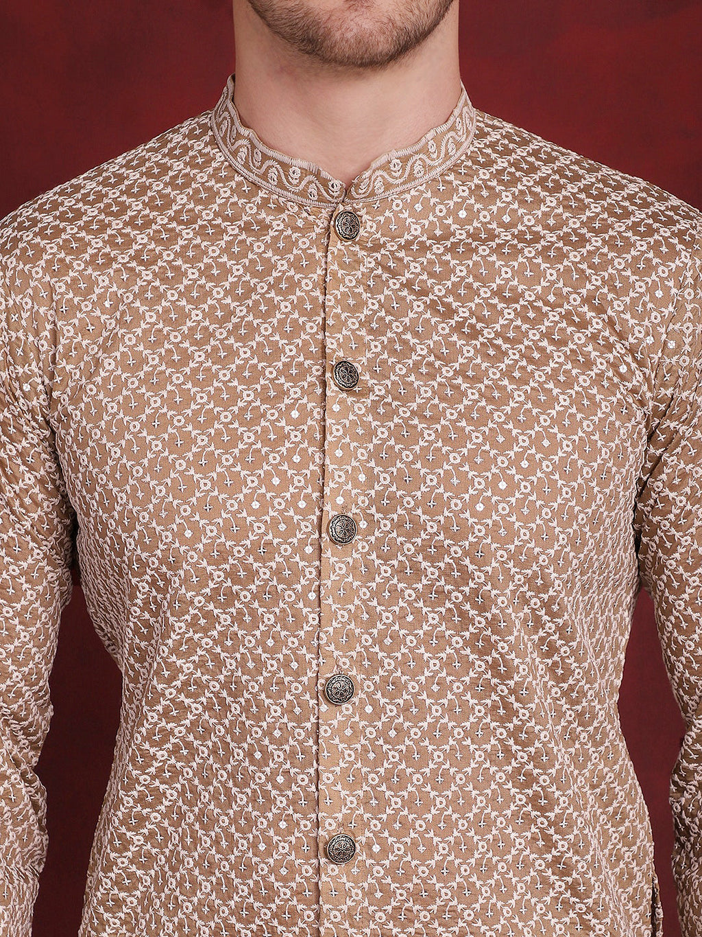 Jompers Men's Sequin Chikankari Front Open Kurta - Beige | Grocsy