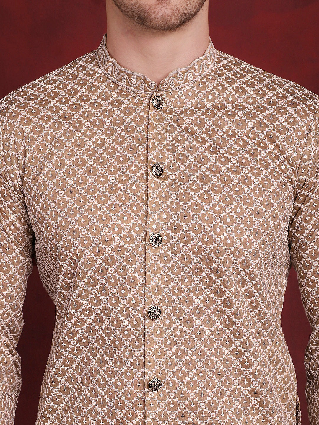 Jompers Men's Sequin Chikankari Front Open Kurta - Beige | Grocsy