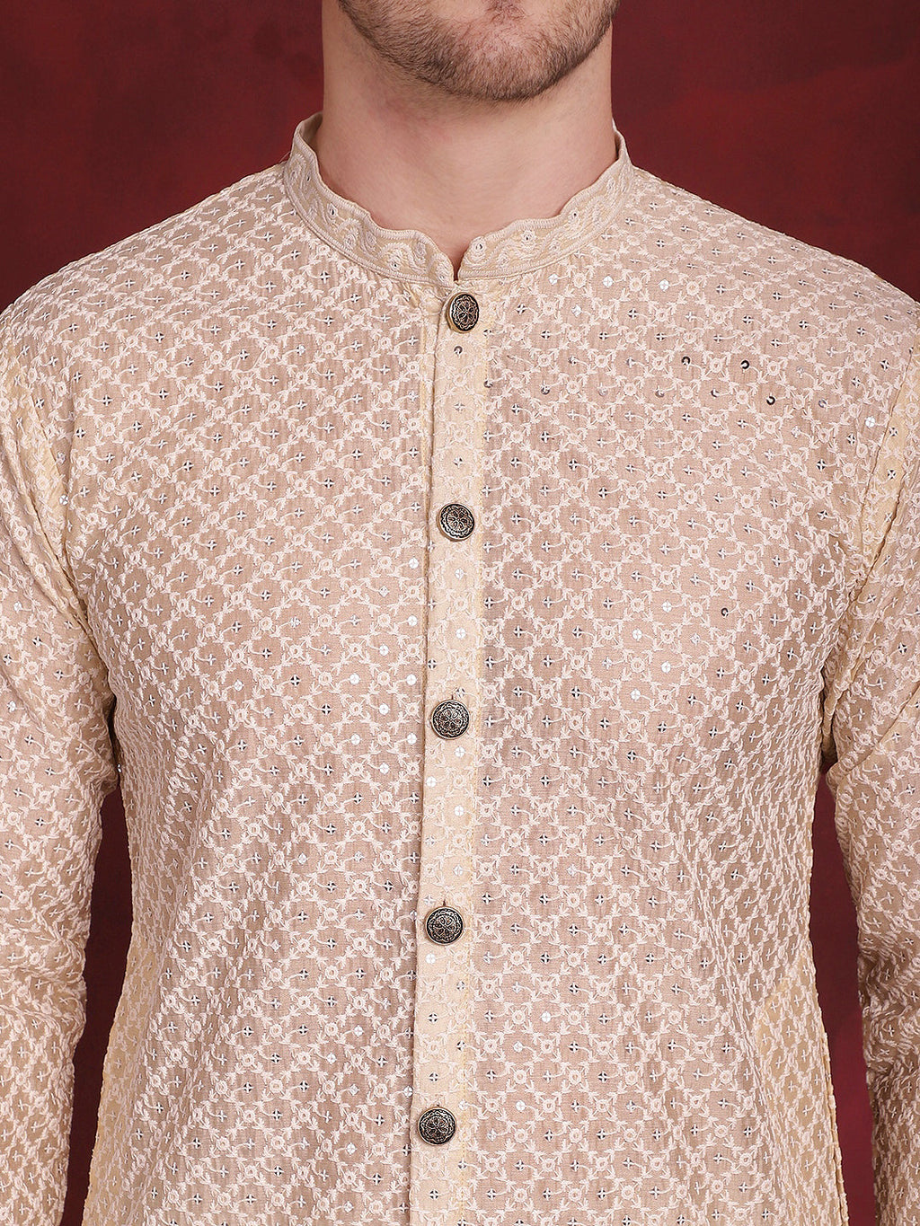 Jompers Men's Sequin Chikankari Front Open Kurta - Golden | Grocsy