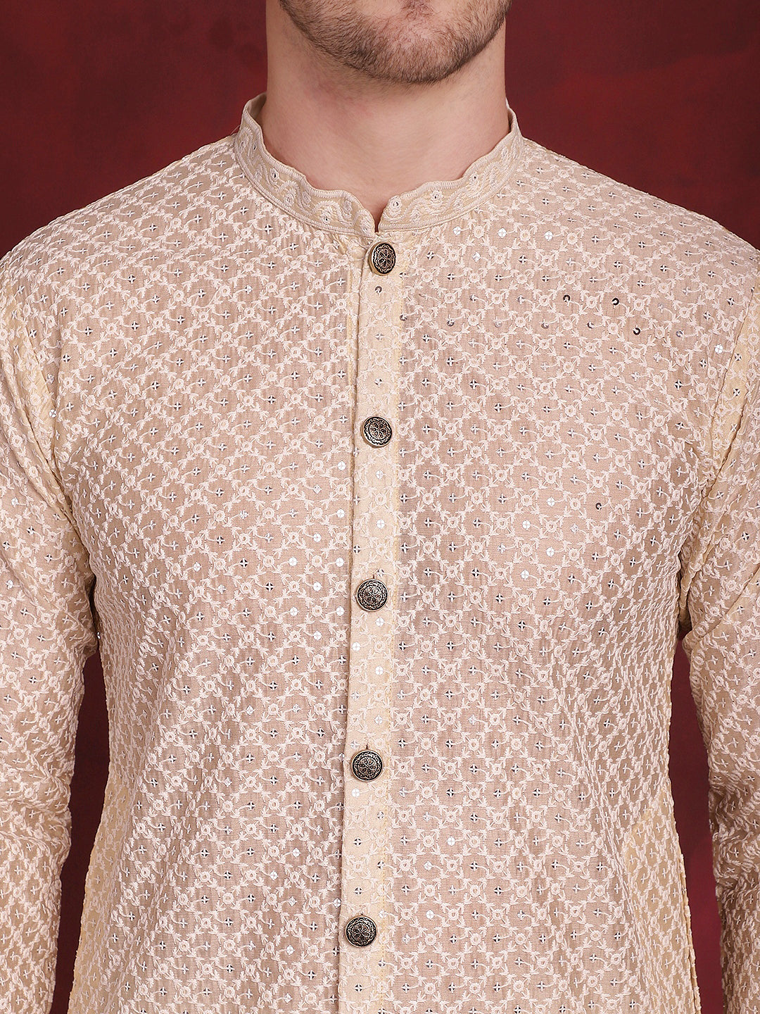 Jompers Men's Sequin Chikankari Front Open Kurta - Golden | Grocsy