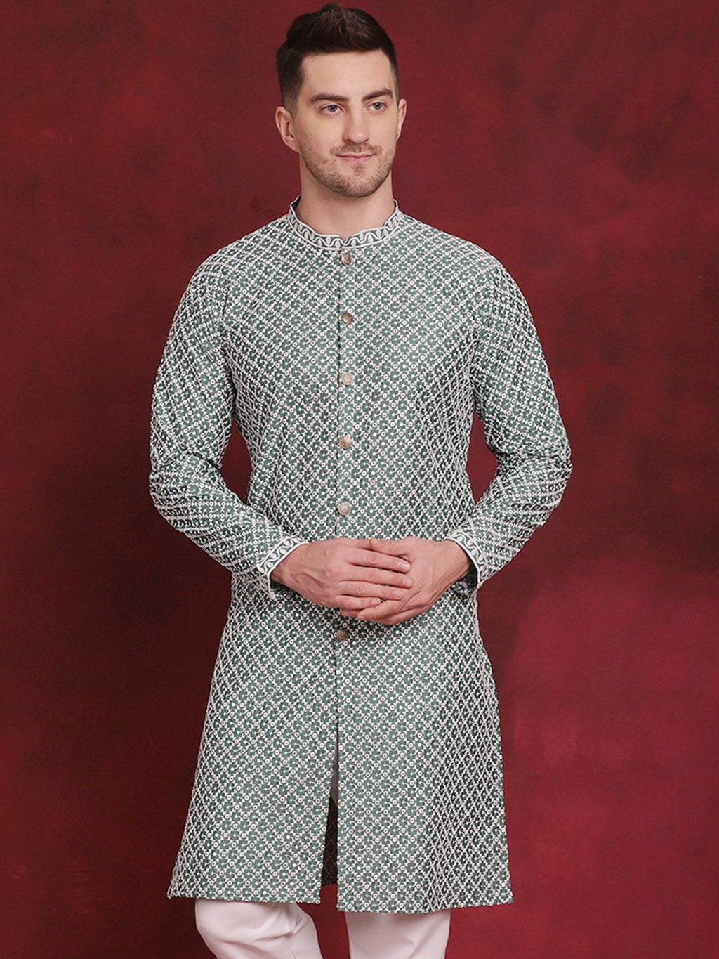 Jompers Men's Sequin Chikankari Front Open Kurta - Green | Grocsy