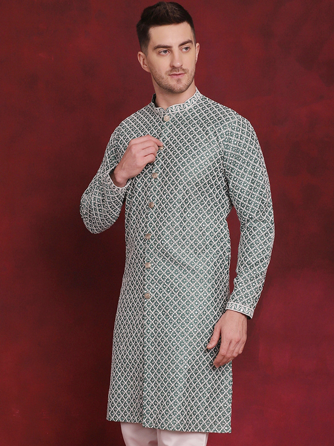 Jompers Men's Sequin Chikankari Front Open Kurta - Green | Grocsy