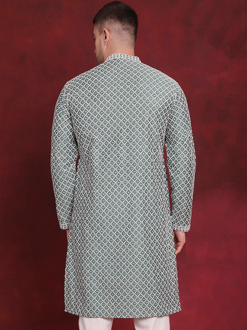 Jompers Men's Sequin Chikankari Front Open Kurta - Green | Grocsy