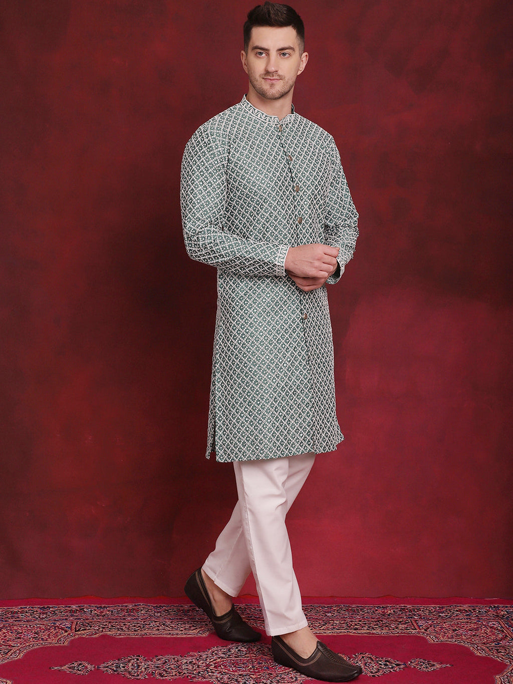 Jompers Men's Sequin Chikankari Front Open Kurta - Green | Grocsy
