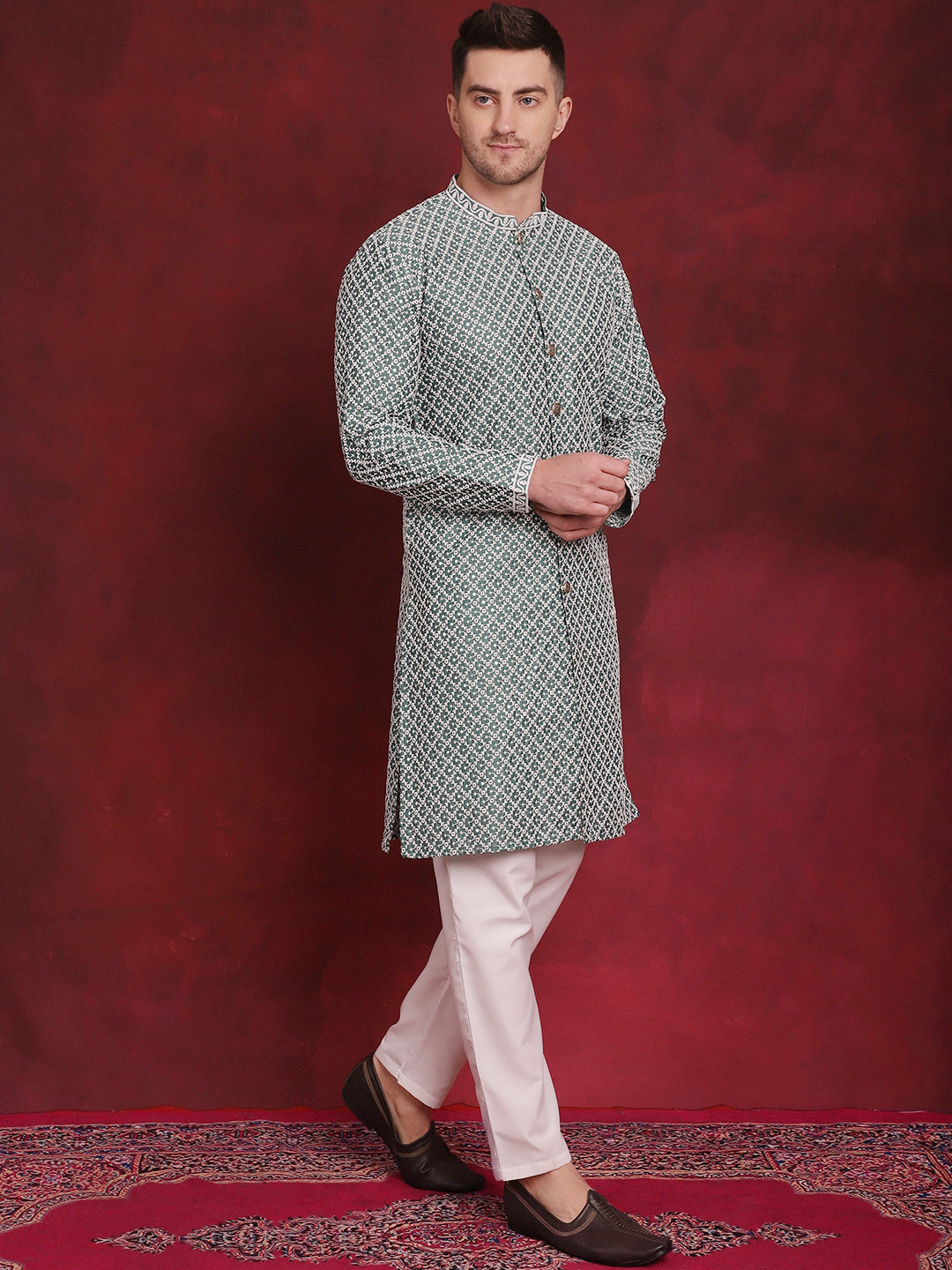 Jompers Men's Sequin Chikankari Front Open Kurta - Green | Grocsy