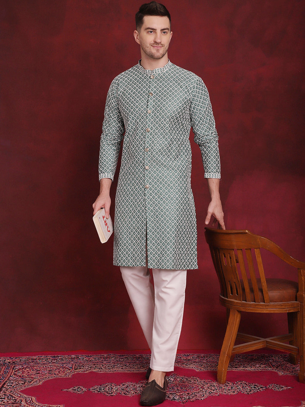 Jompers Men's Sequin Chikankari Front Open Kurta - Green | Grocsy