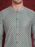 Jompers Men's Sequin Chikankari Front Open Kurta - Green | Grocsy