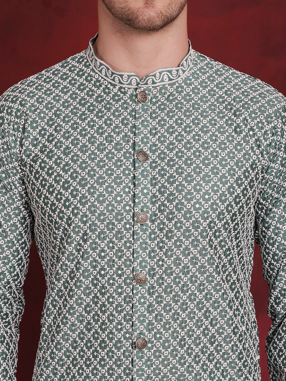 Jompers Men's Sequin Chikankari Front Open Kurta - Green | Grocsy