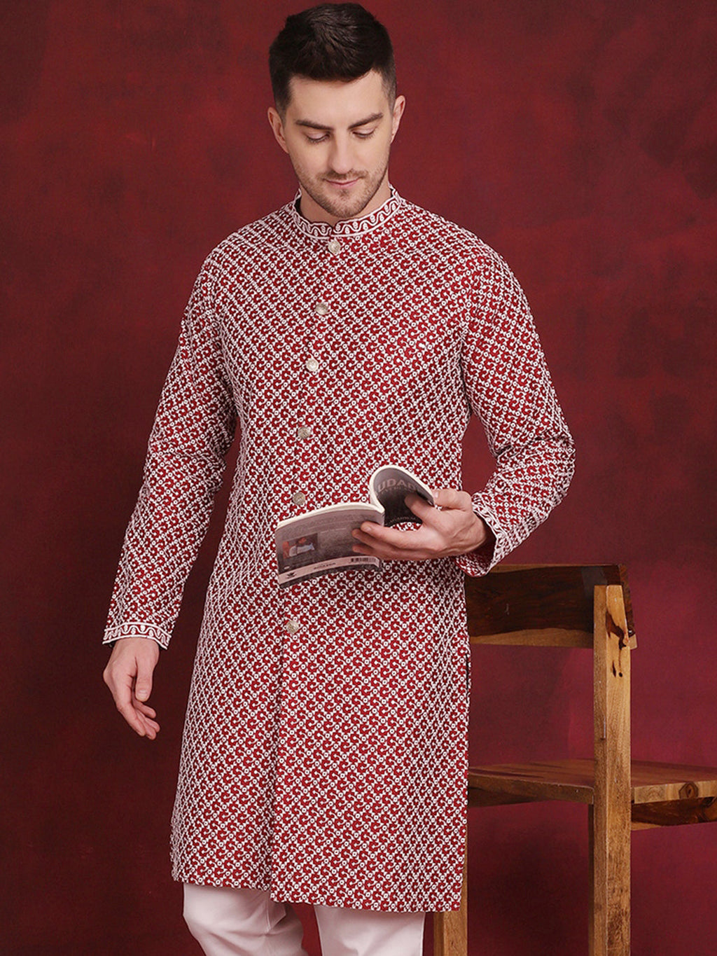 Jompers Men's Sequin Chikankari Front Open Kurta - Maroon | Grocsy