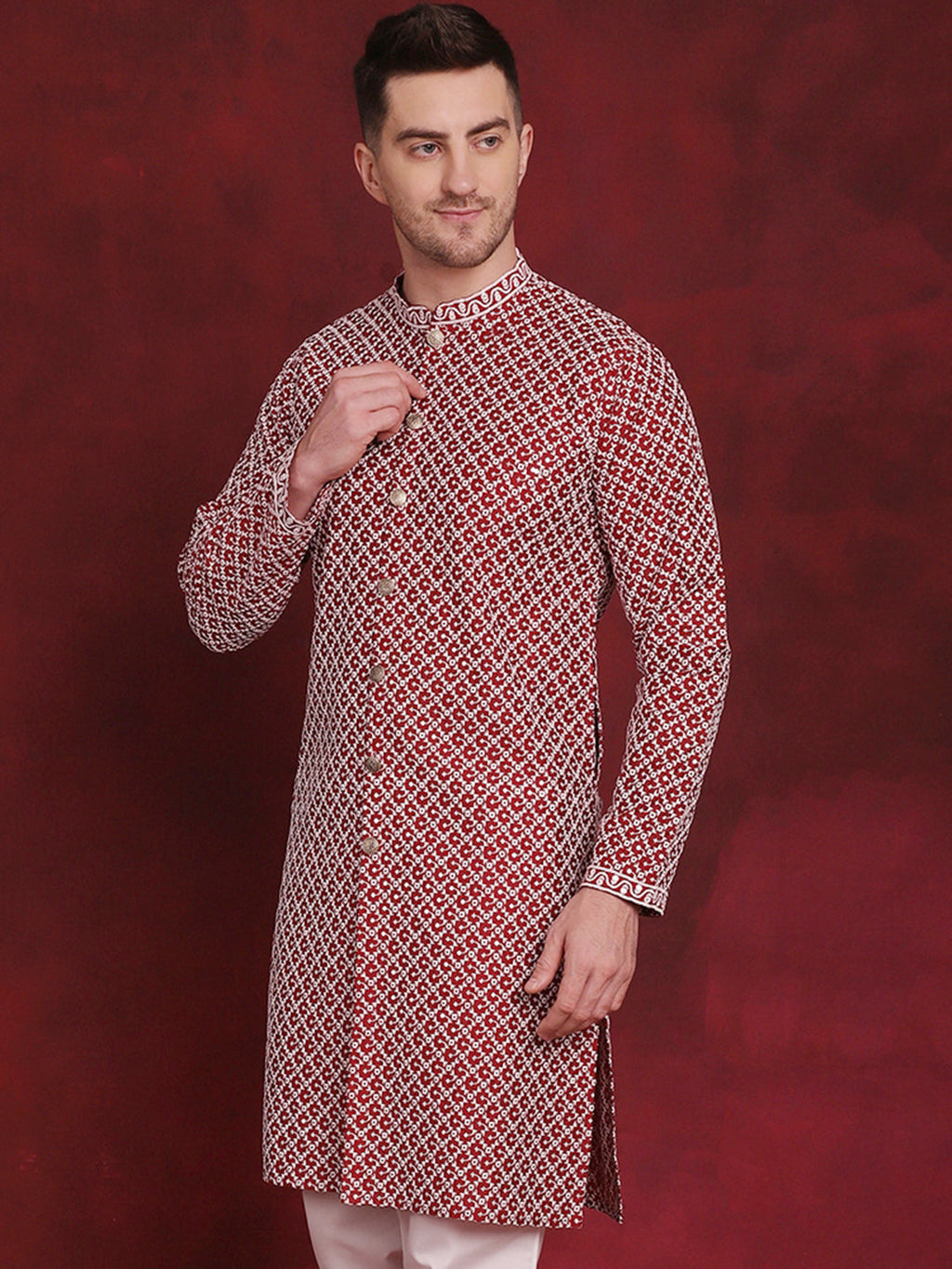 Jompers Men's Sequin Chikankari Front Open Kurta - Maroon | Grocsy