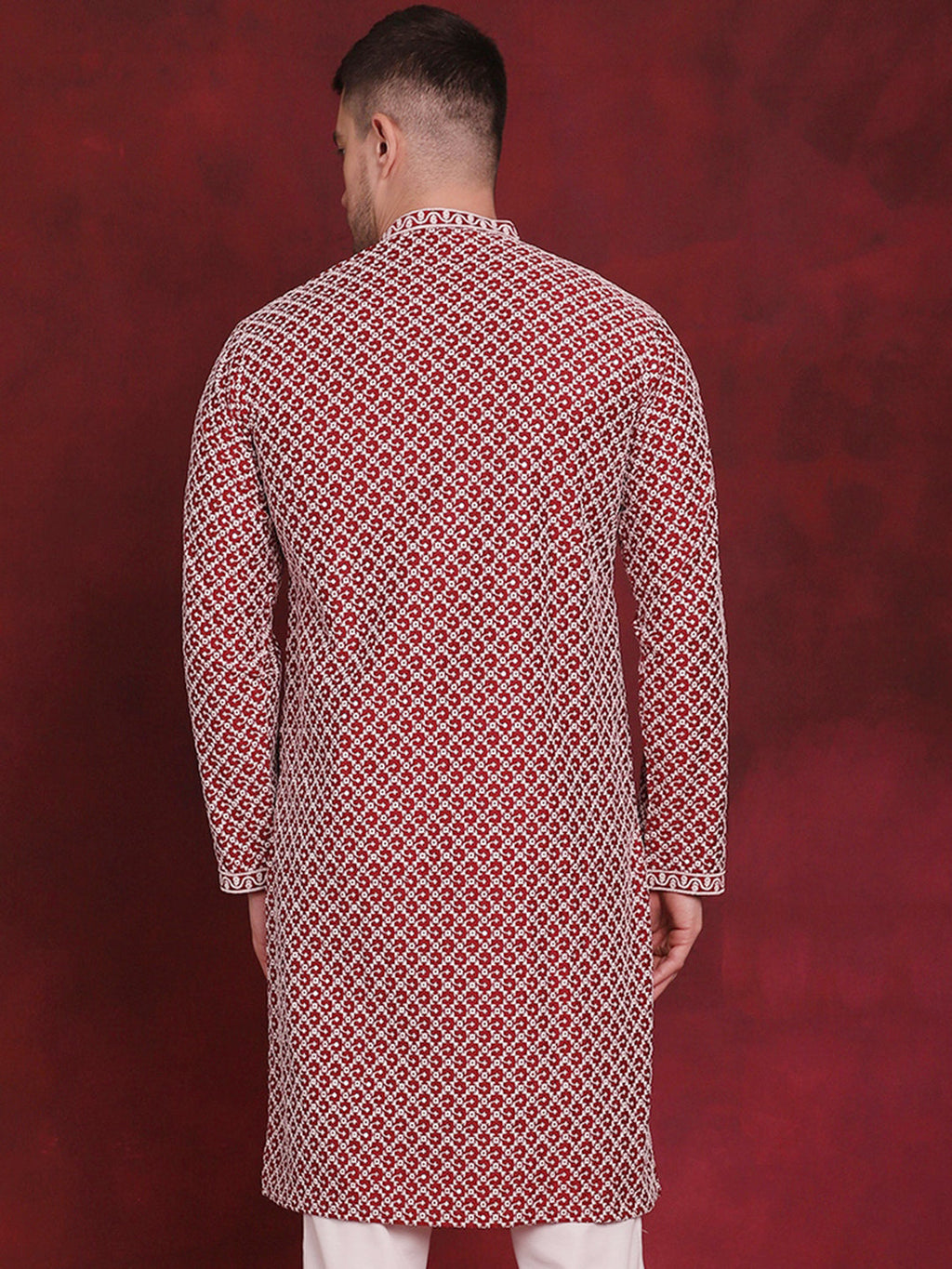 Jompers Men's Sequin Chikankari Front Open Kurta - Maroon | Grocsy