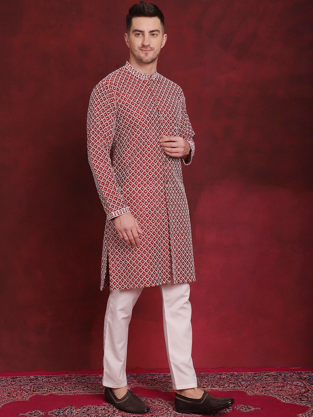 Jompers Men's Sequin Chikankari Front Open Kurta - Maroon | Grocsy