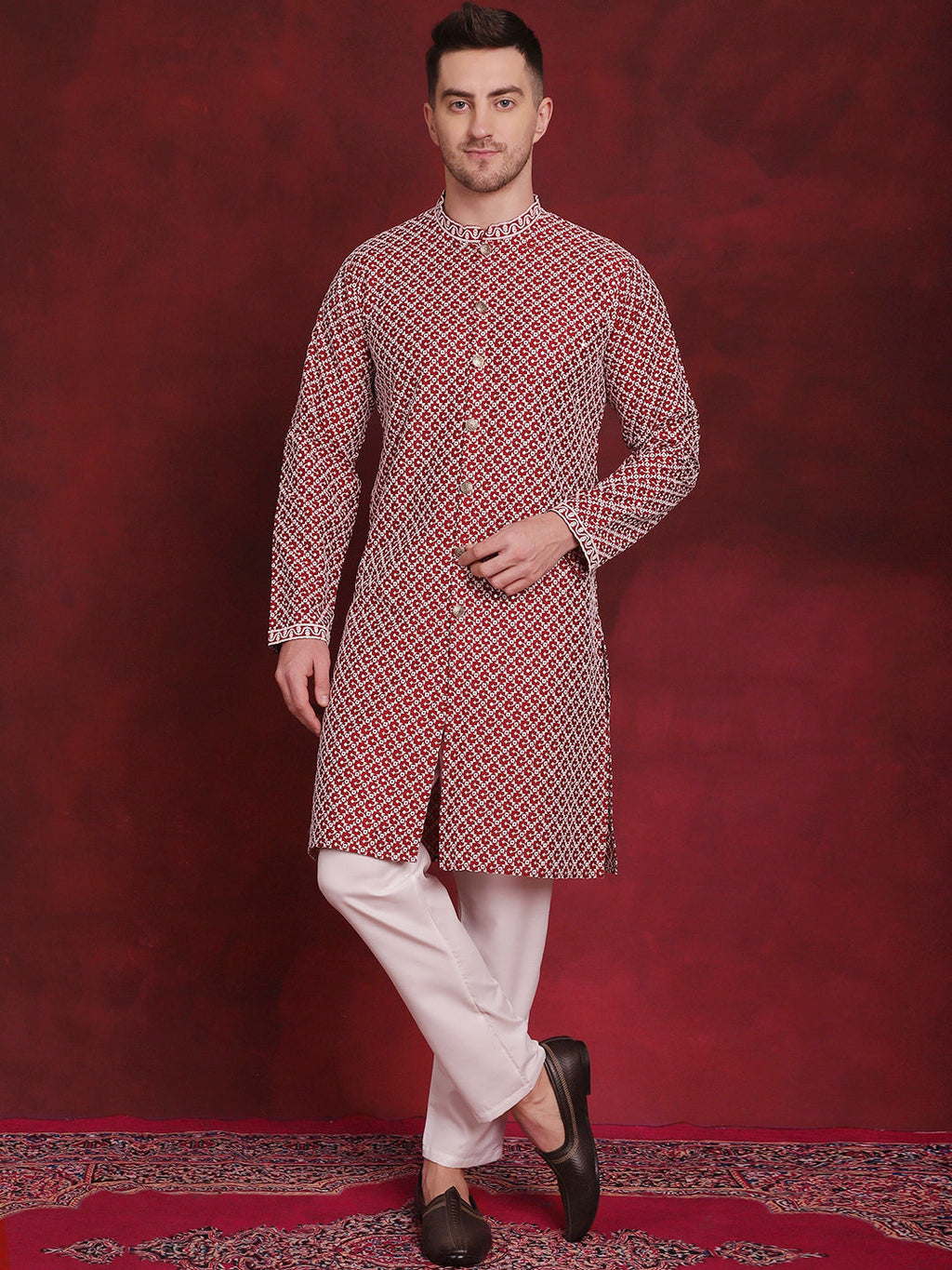 Jompers Men's Sequin Chikankari Front Open Kurta - Maroon | Grocsy