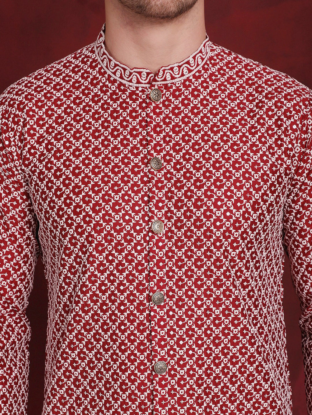 Jompers Men's Sequin Chikankari Front Open Kurta - Maroon | Grocsy