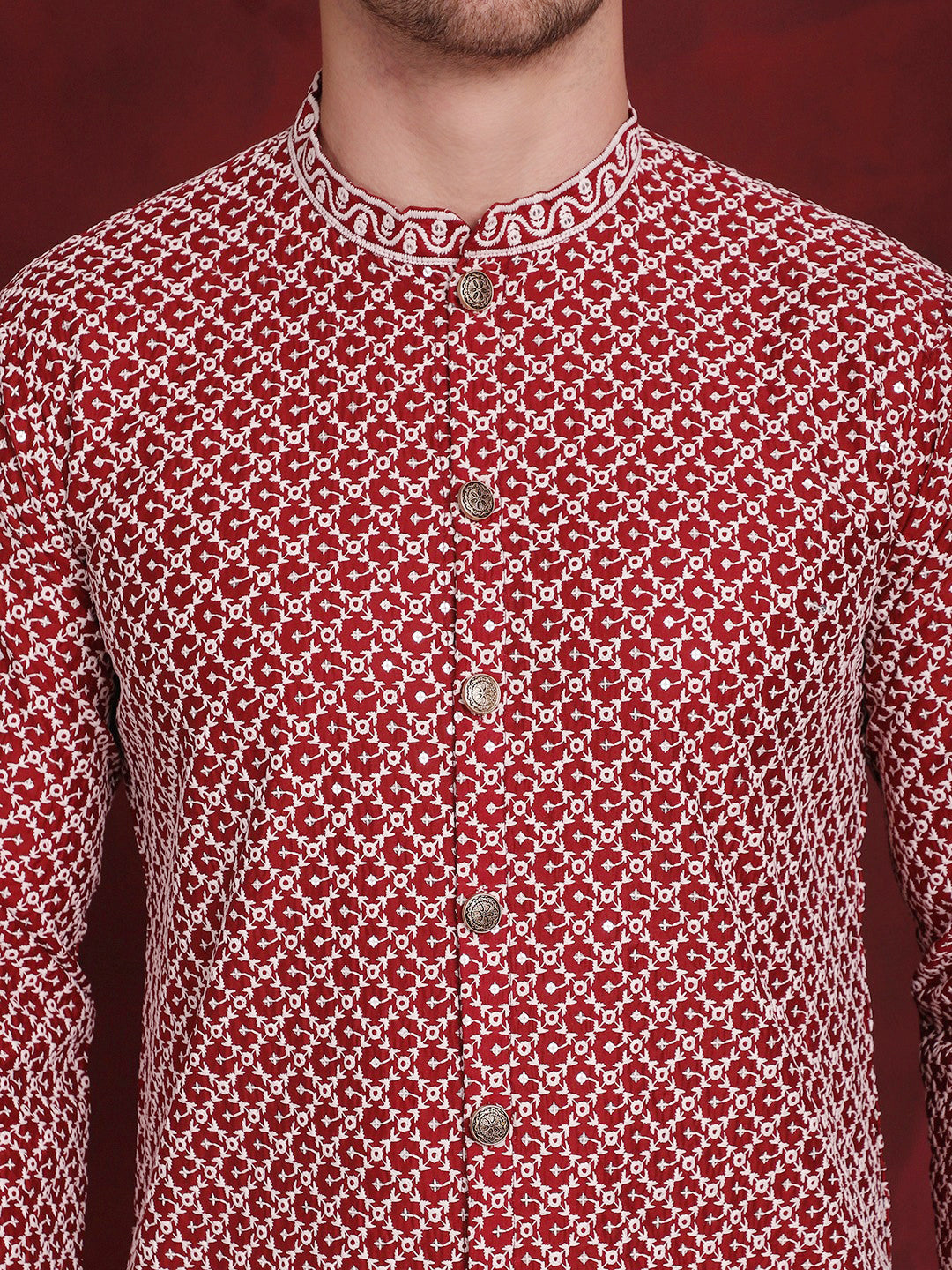 Jompers Men's Sequin Chikankari Front Open Kurta - Maroon | Grocsy