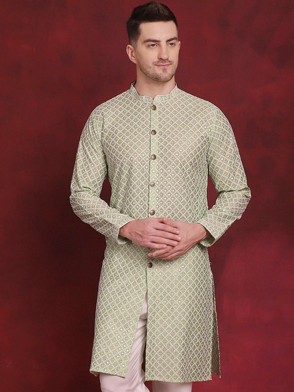 Jompers Men's Sequin Chikankari Front Open Kurta - Pista | Grocsy