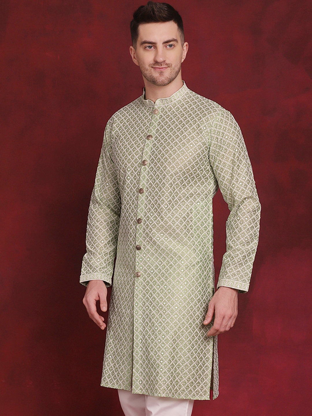 Jompers Men's Sequin Chikankari Front Open Kurta - Pista | Grocsy