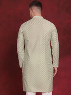 Jompers Men's Sequin Chikankari Front Open Kurta - Pista | Grocsy