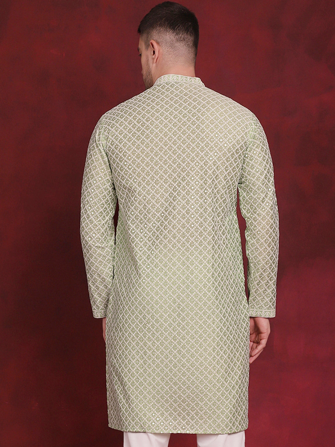 Jompers Men's Sequin Chikankari Front Open Kurta - Pista | Grocsy