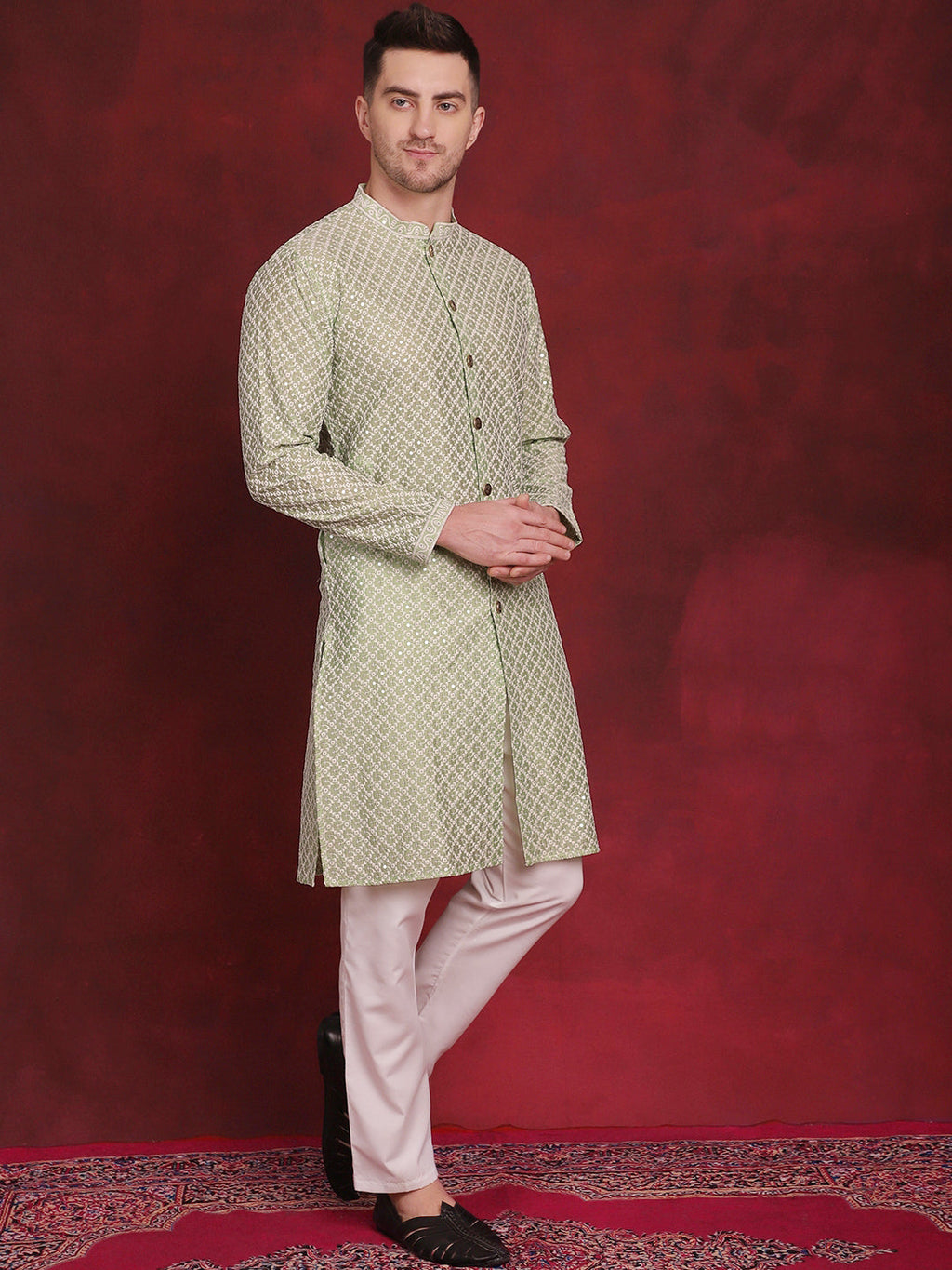 Jompers Men's Sequin Chikankari Front Open Kurta - Pista | Grocsy