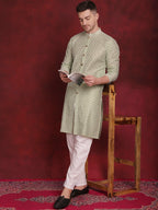 Jompers Men's Sequin Chikankari Front Open Kurta - Pista | Grocsy