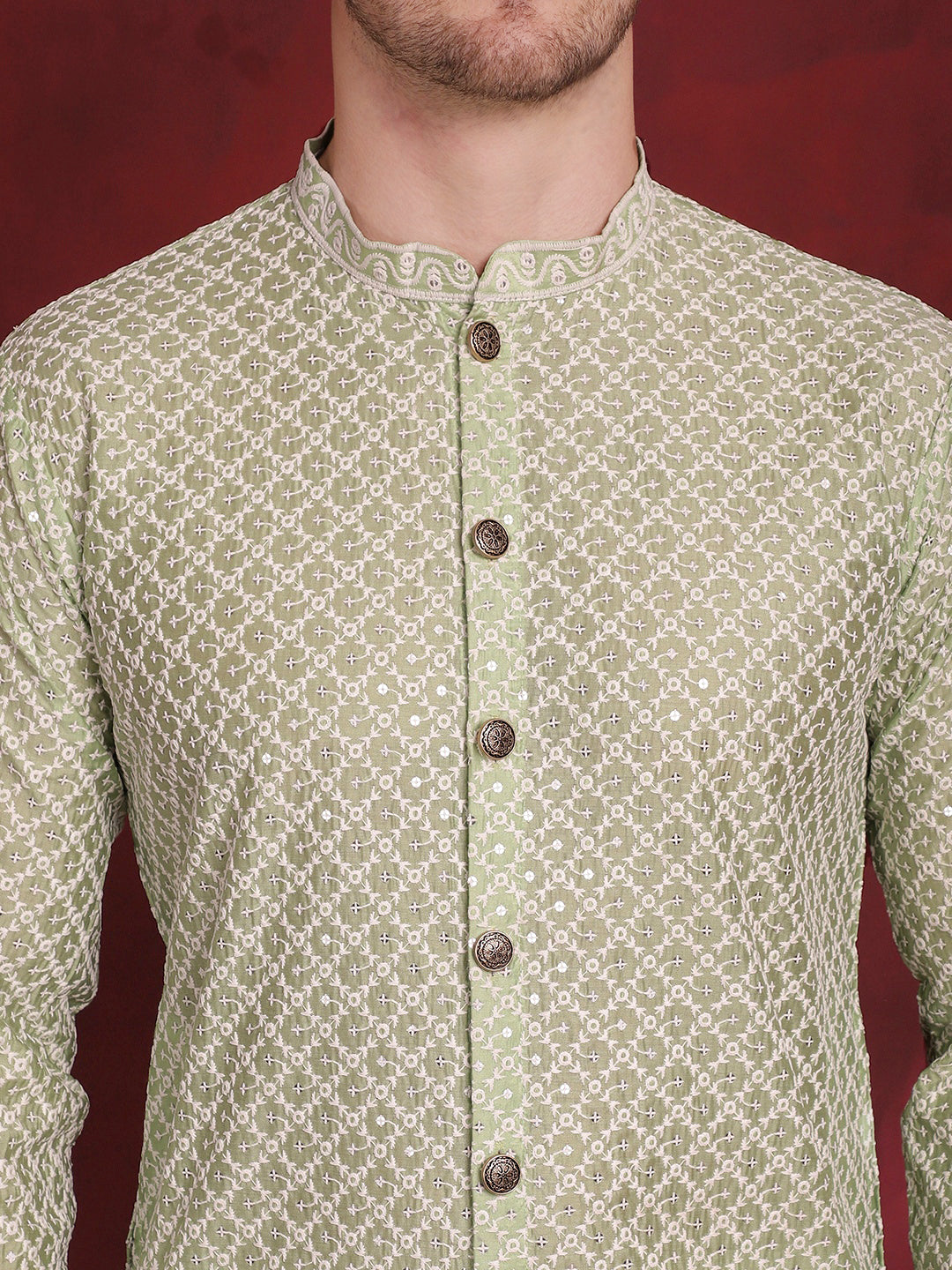 Jompers Men's Sequin Chikankari Front Open Kurta - Pista | Grocsy