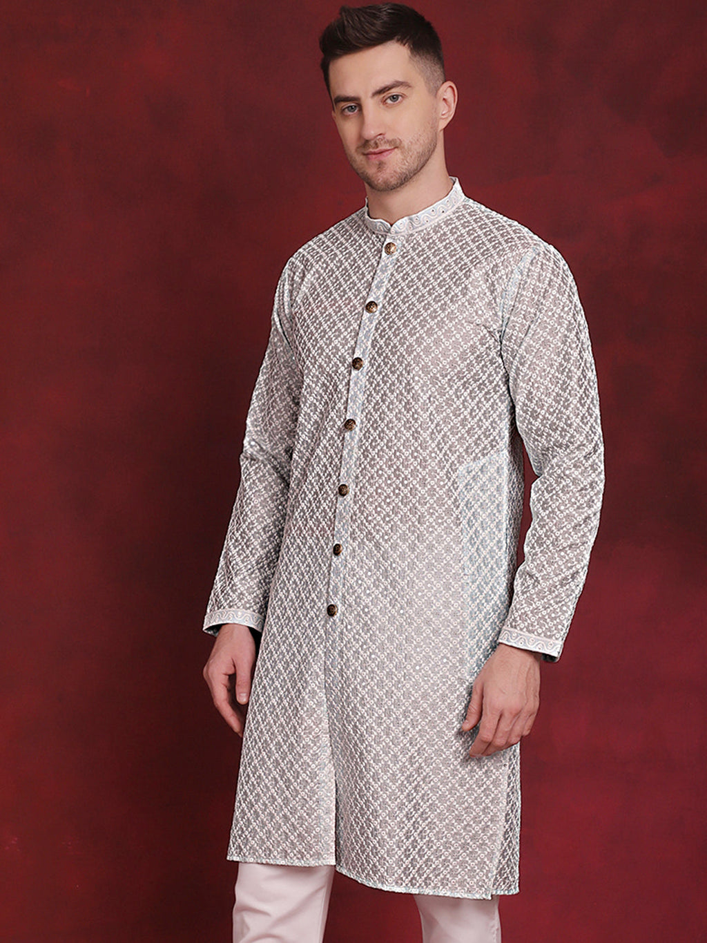 Jompers Men's Sequin Chikankari Front Open Kurta - Sky Blue | Grocsy