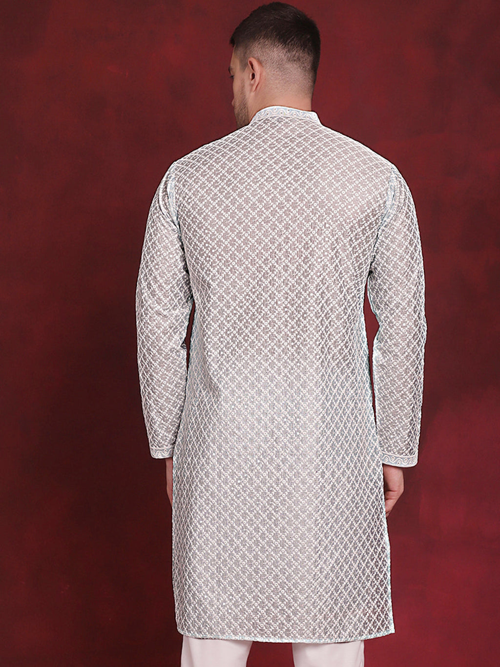 Jompers Men's Sequin Chikankari Front Open Kurta - Sky Blue | Grocsy
