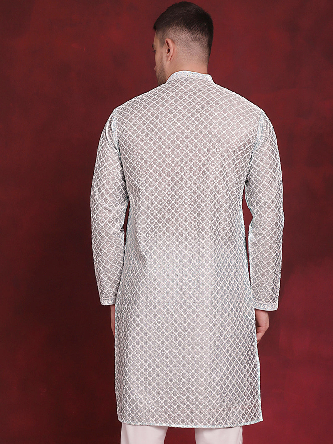 Jompers Men's Sequin Chikankari Front Open Kurta - Sky Blue | Grocsy