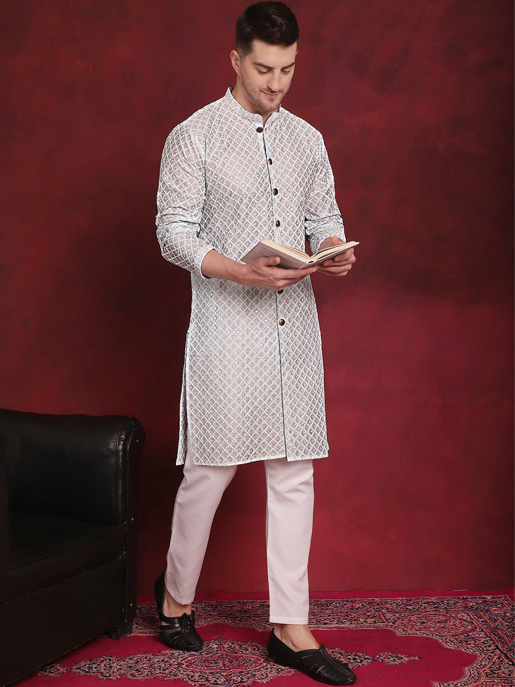 Jompers Men's Sequin Chikankari Front Open Kurta - Sky Blue | Grocsy