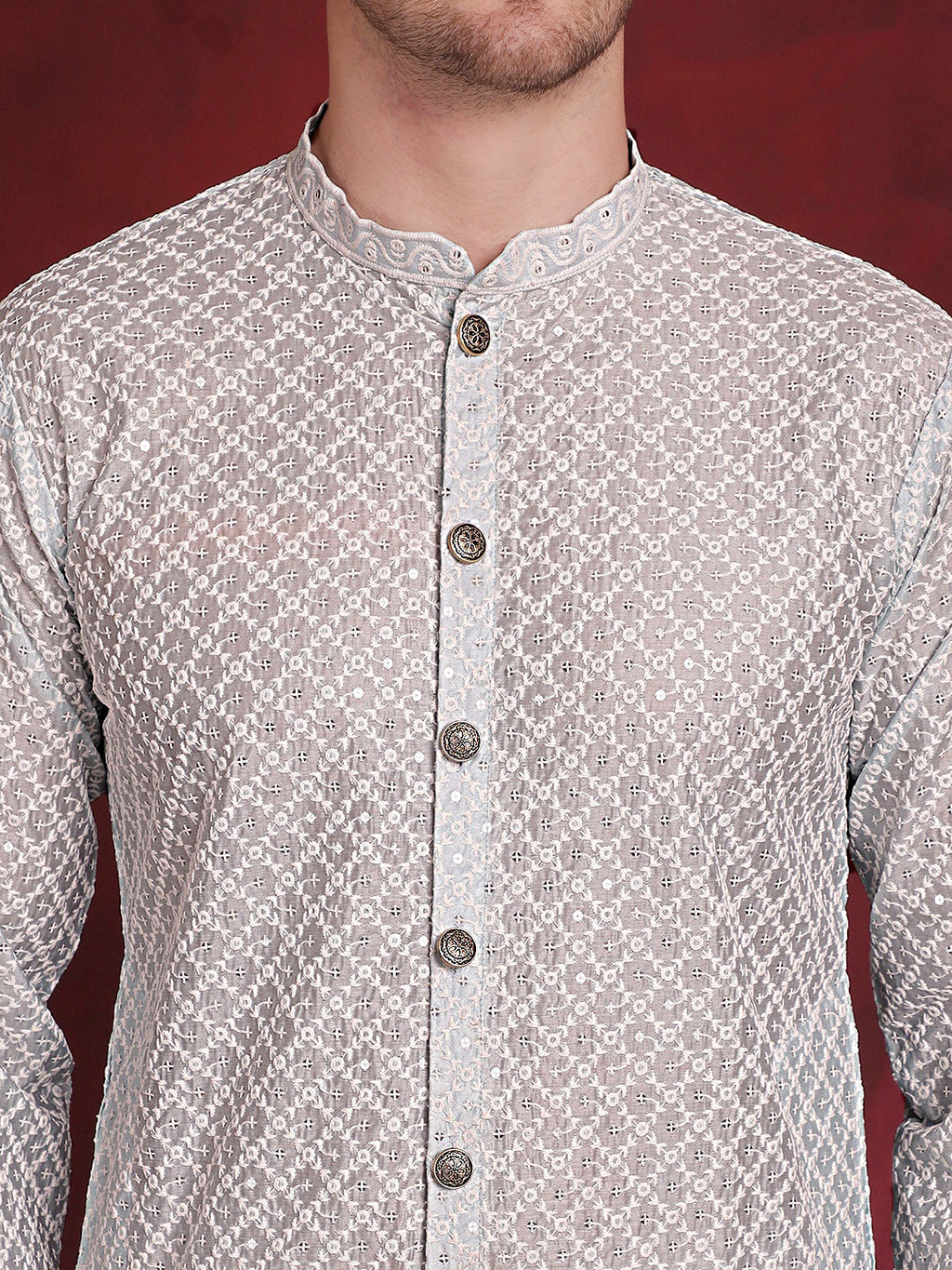 Jompers Men's Sequin Chikankari Front Open Kurta - Sky Blue | Grocsy