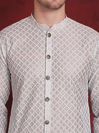 Jompers Men's Sequin Chikankari Front Open Kurta - Sky Blue | Grocsy
