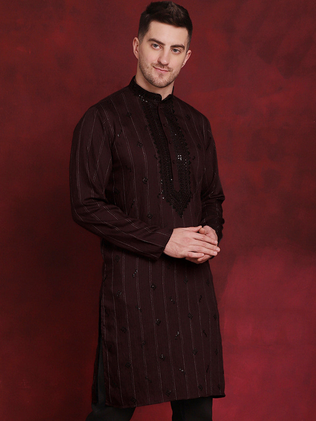 Jompers Men's Sequins Embroidered Kurta - Maroon | Grocsy