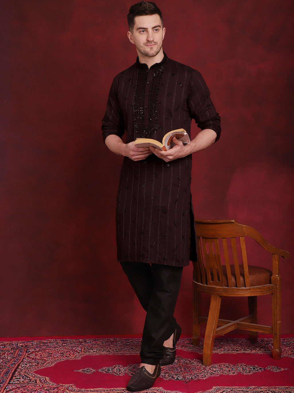 Jompers Men's Sequins Embroidered Kurta - Maroon | Grocsy
